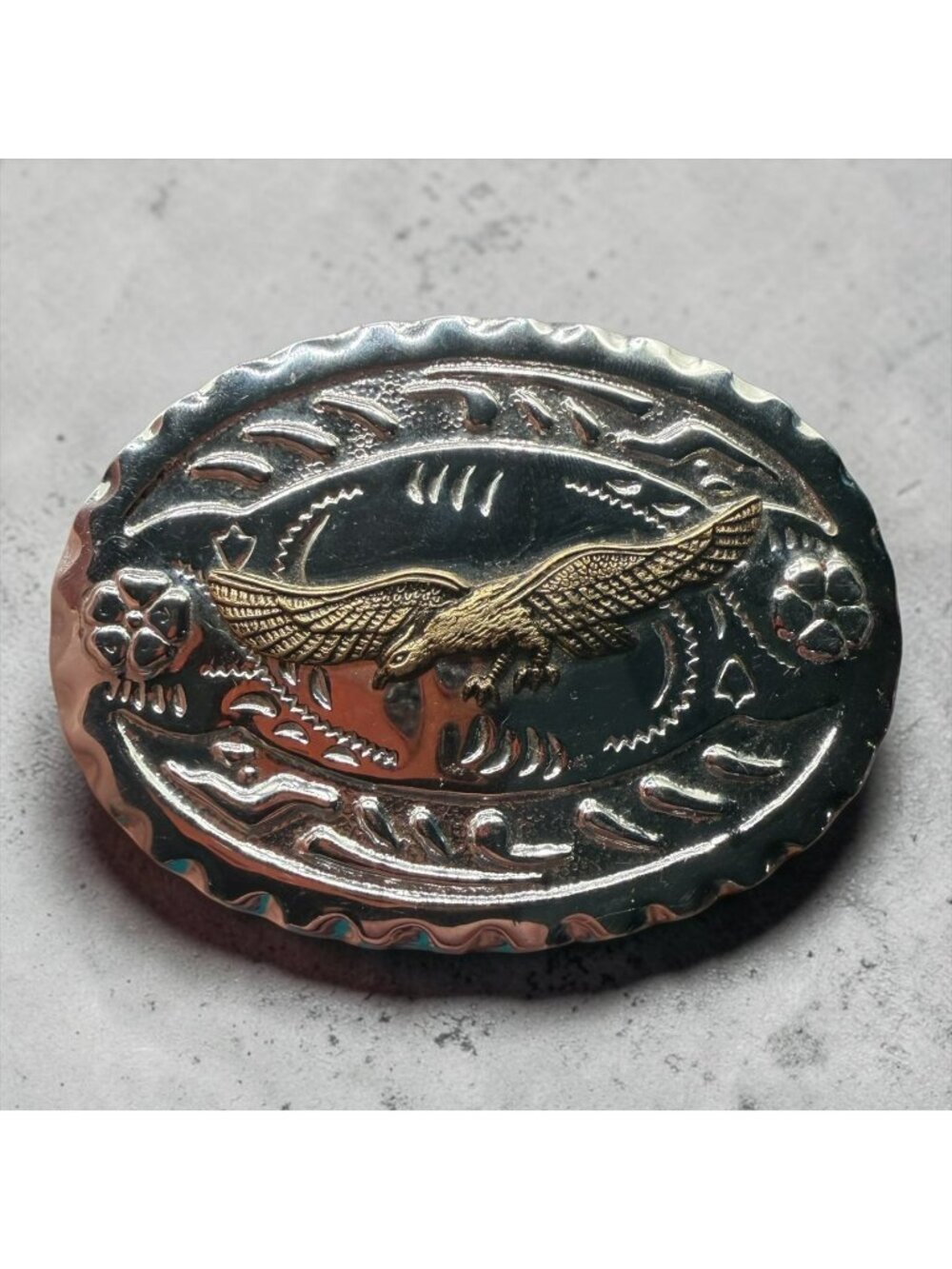 Vintage Western Silver Oval Belt Buckle With Gold Eagle Design
